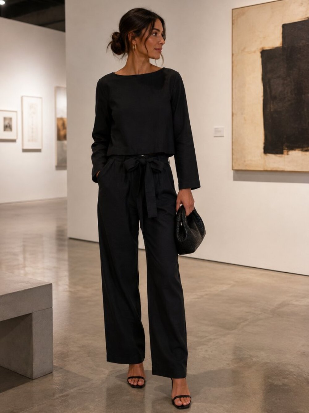 NWT North Fashion Black Linen Blend Two Piece Pant Set XS